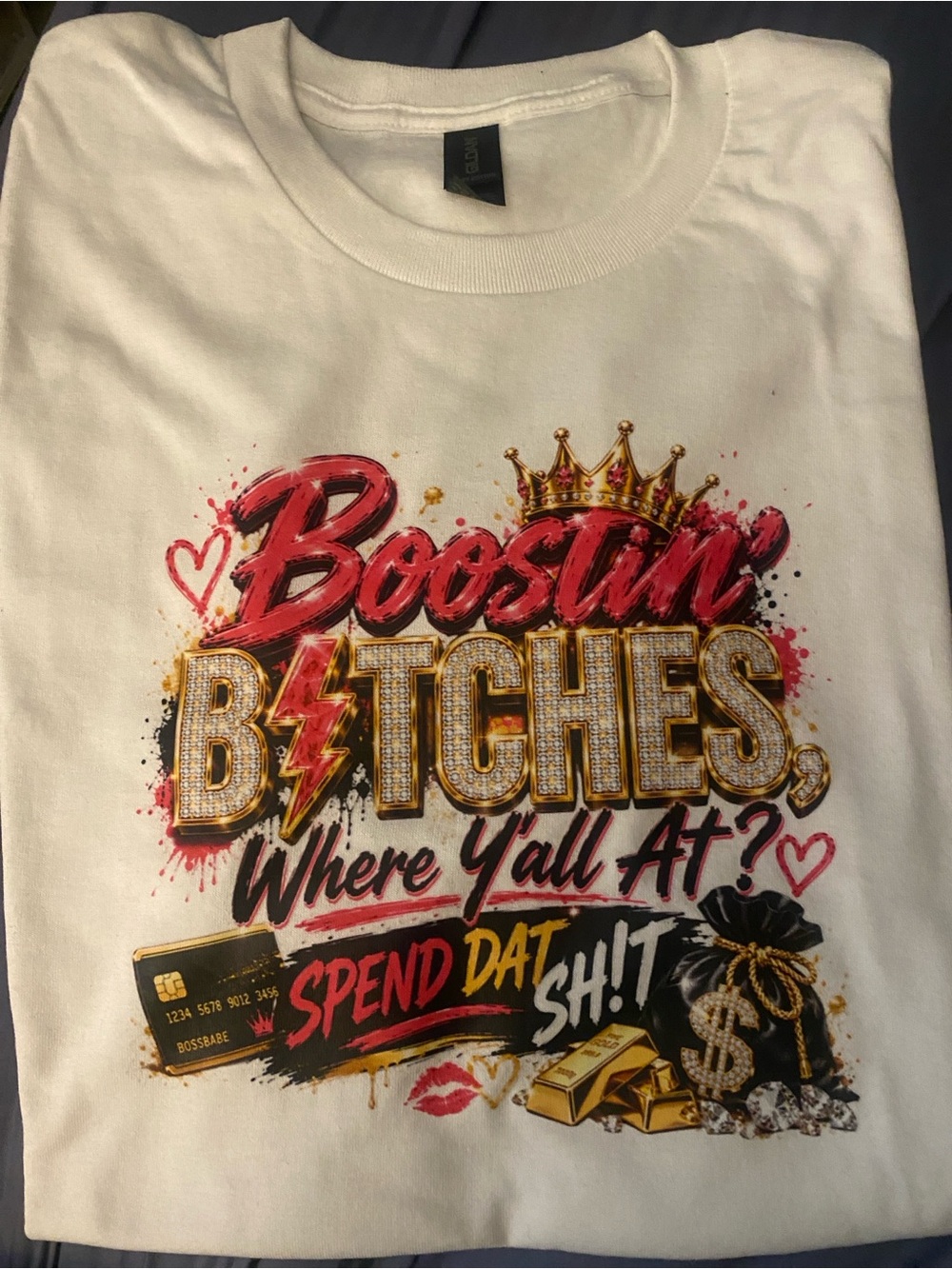 Gildan White Short-Sleeve Graphic Tee with Pink, Gold and Black Accents